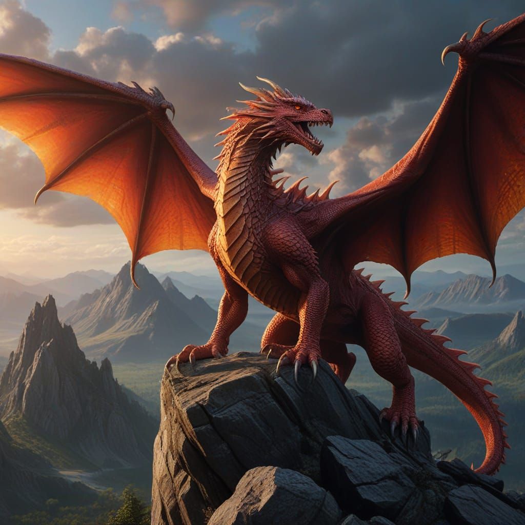 Fearsome Dragon on Mountain Peak Overlooking Burning Village