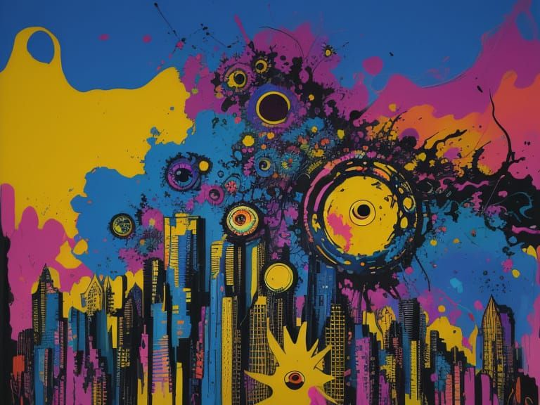 Vibrant Abstract Cityscape in Psychedelic Sunset