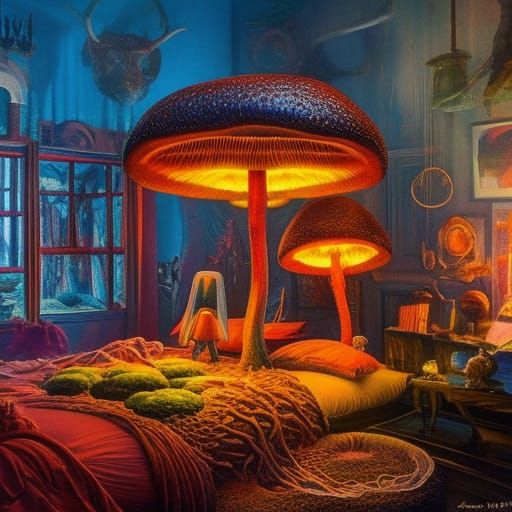 Eerie Mushroom Bed: Hyperdetailed Pop Art Fantasy