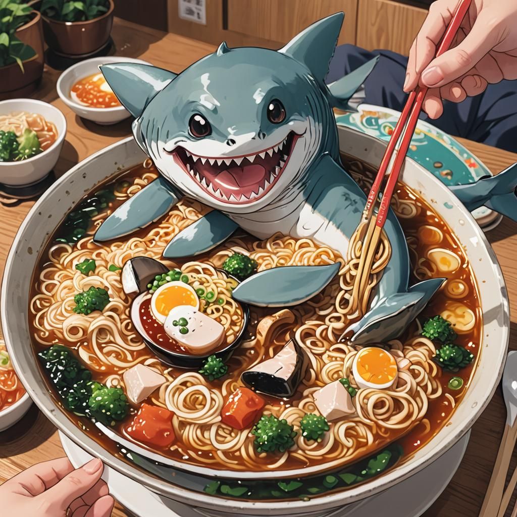 Ramen and Shark Pet in Vibrant Anime Style