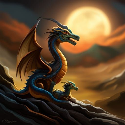 Western Dragon Father Protects Offspring: Fantasy Art
