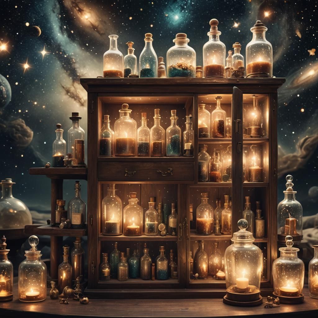 Futuristic Apothecary Cabinet with Galaxies in Bottles