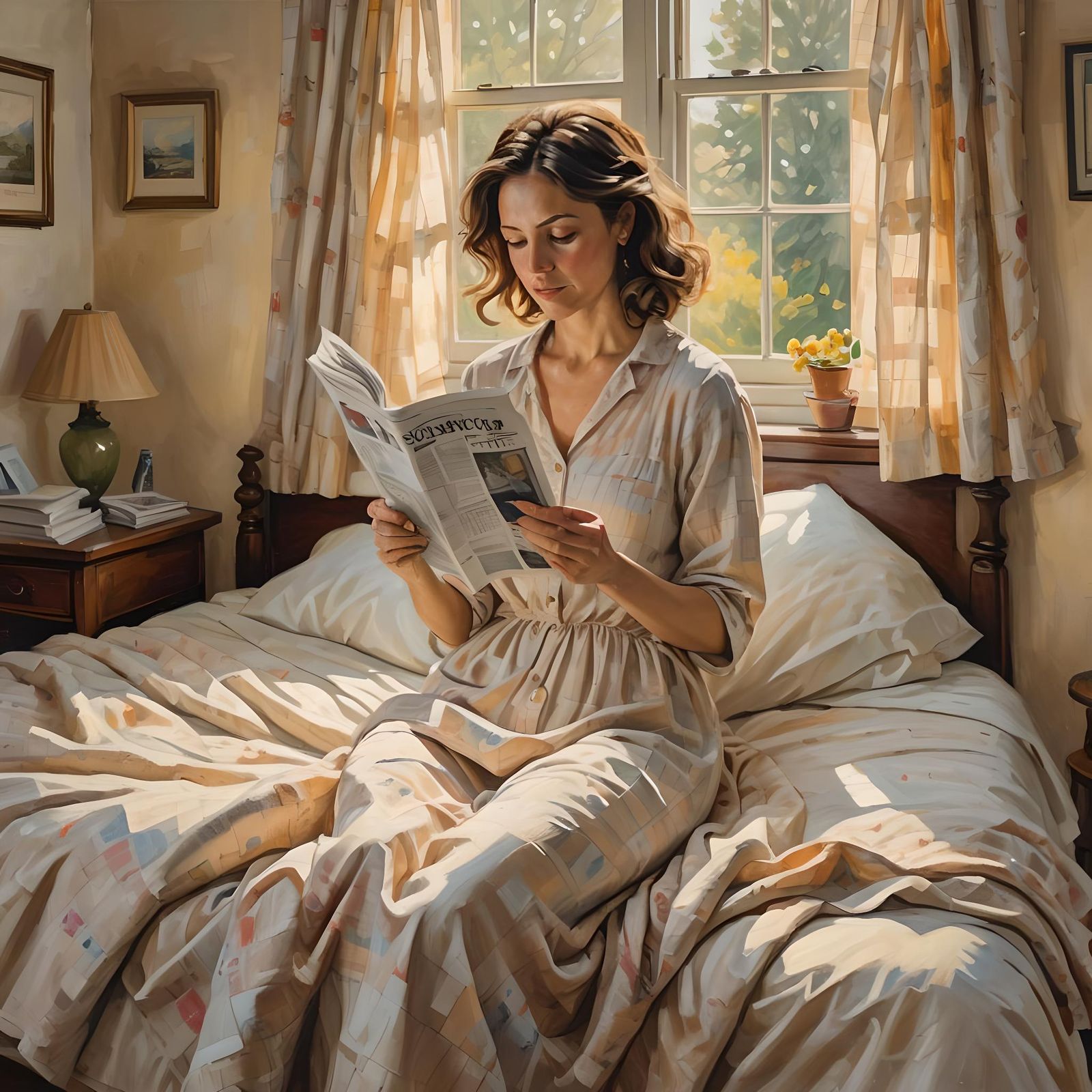 Woman Reading Newspaper in Bed, Peirce Inspired Painting