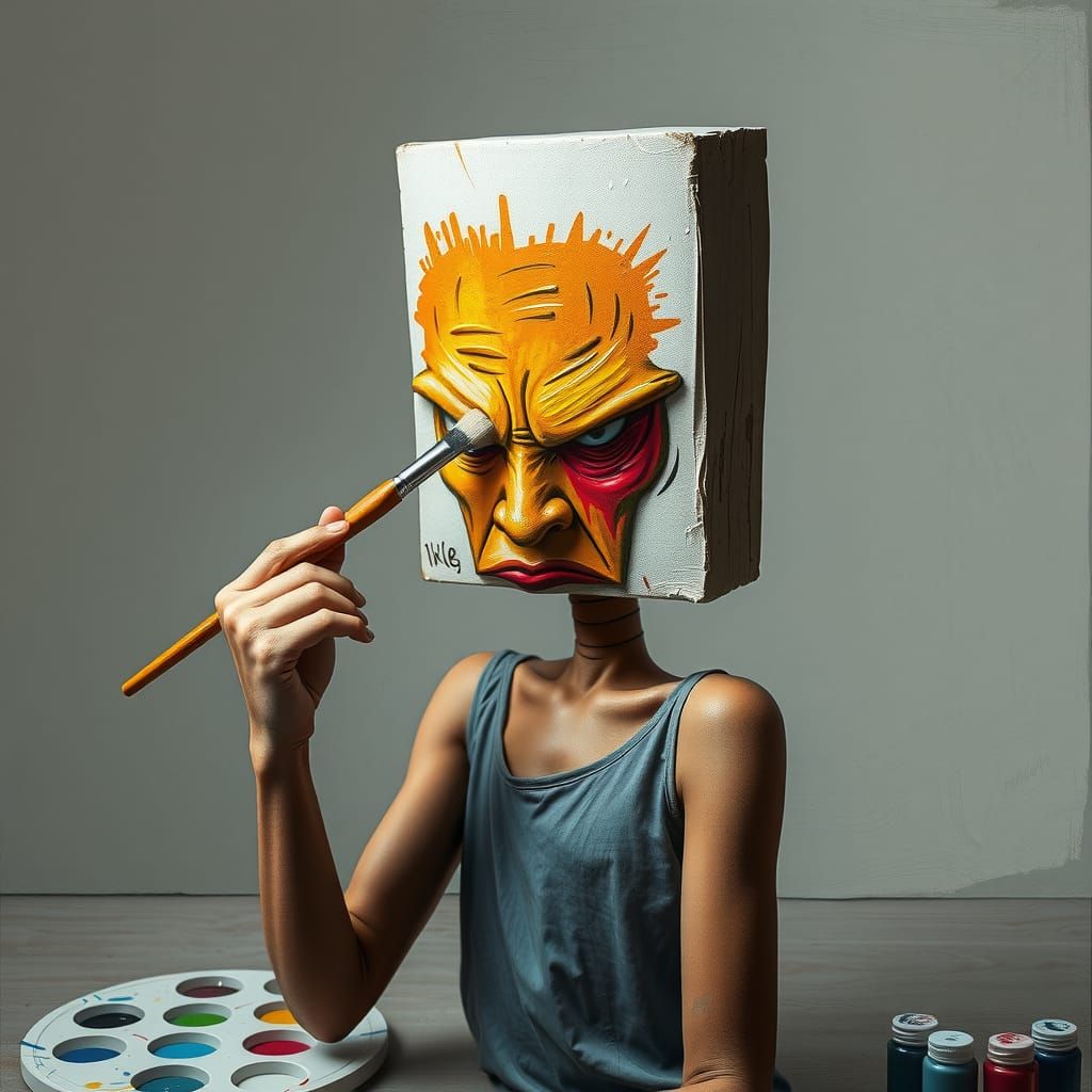 Canvas-Headed Figure Paints Angry Expression