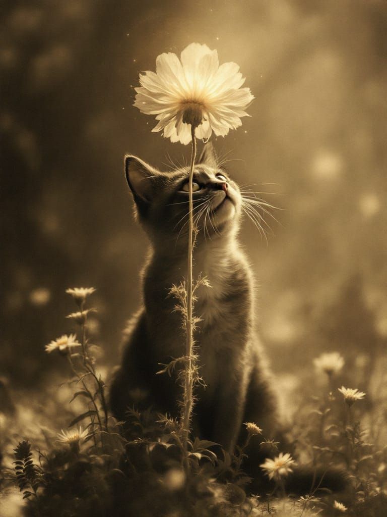 Gothic Cat and Daisy in Dreamlike Sepia Light
