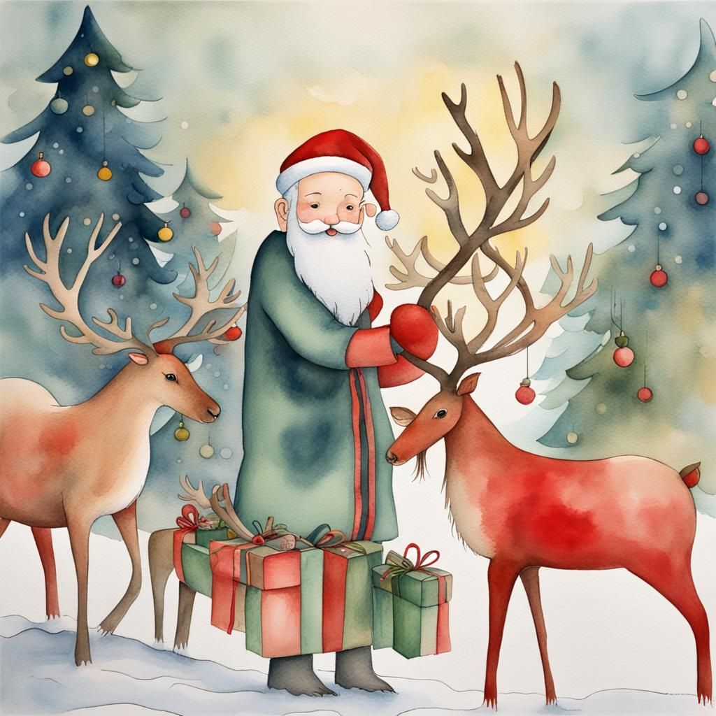 Watercolor Santa Tending Reindeer in De Paola Style