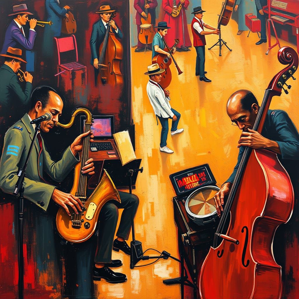 A painting of a jazz jam session. complex melodic lines, instrumental virtuosity, highly syncopated, linear rhythmic com...