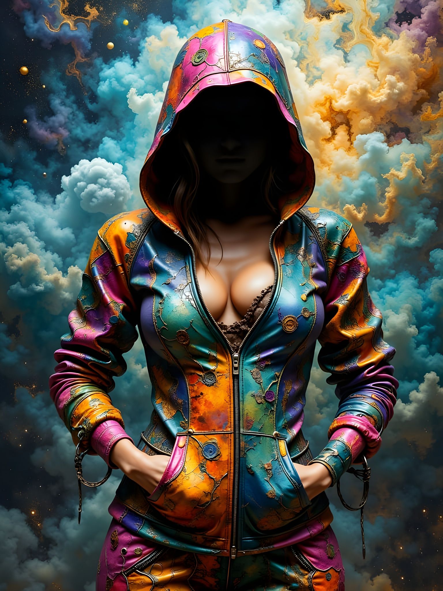 Hooded Figure in Maximalist Digital Painting