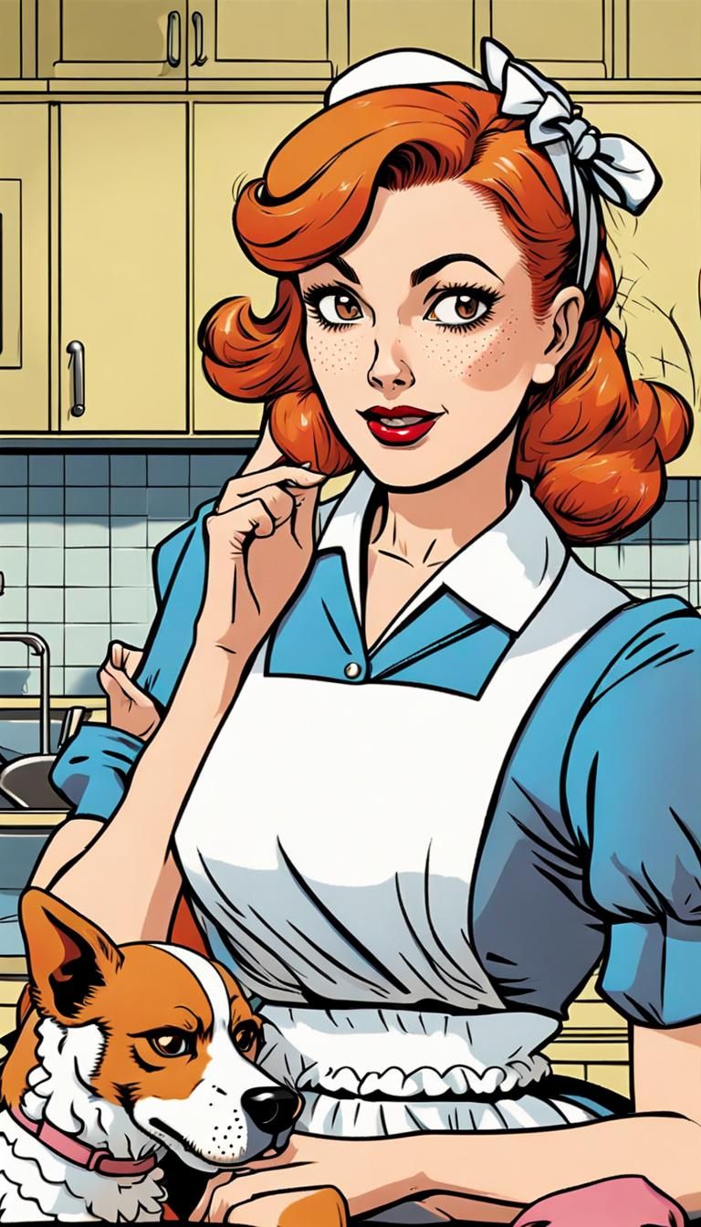 Comic Book Style Maid in 50s Kitchen