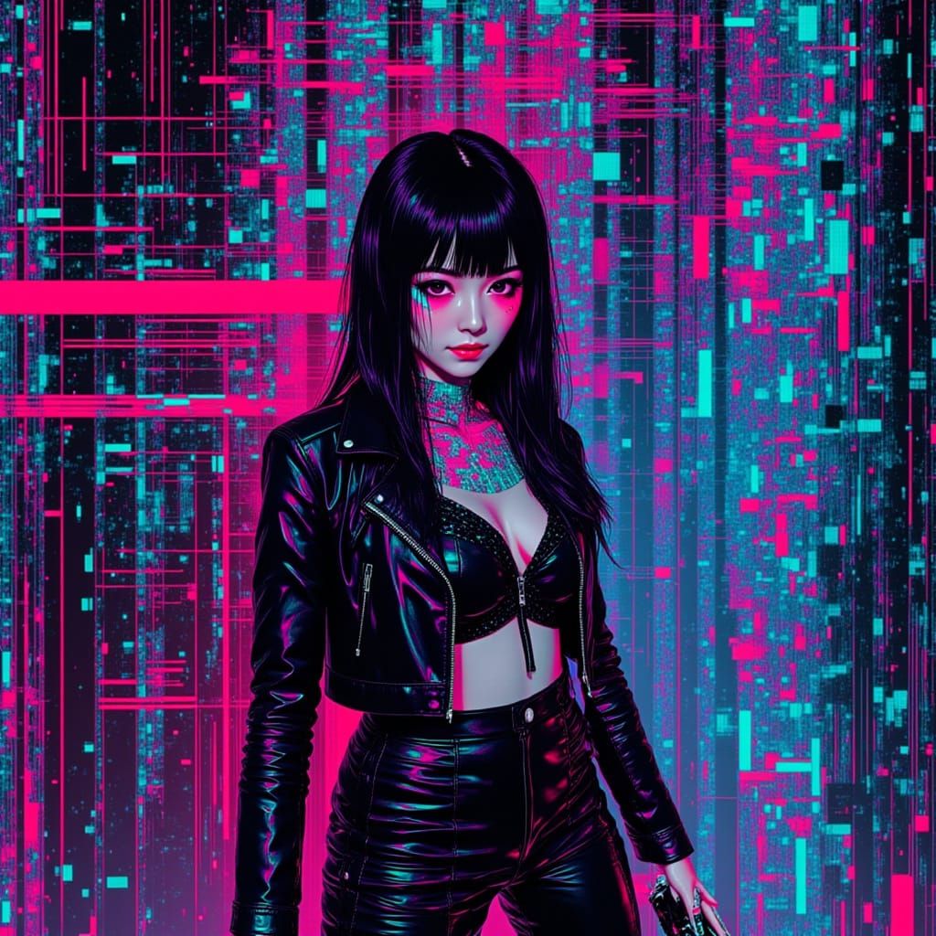 Glamorous Cyberpunk Bounty Hunter in Glitch Art
