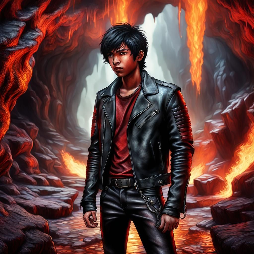 Fiery Cave Boy in Hyperrealistic Style