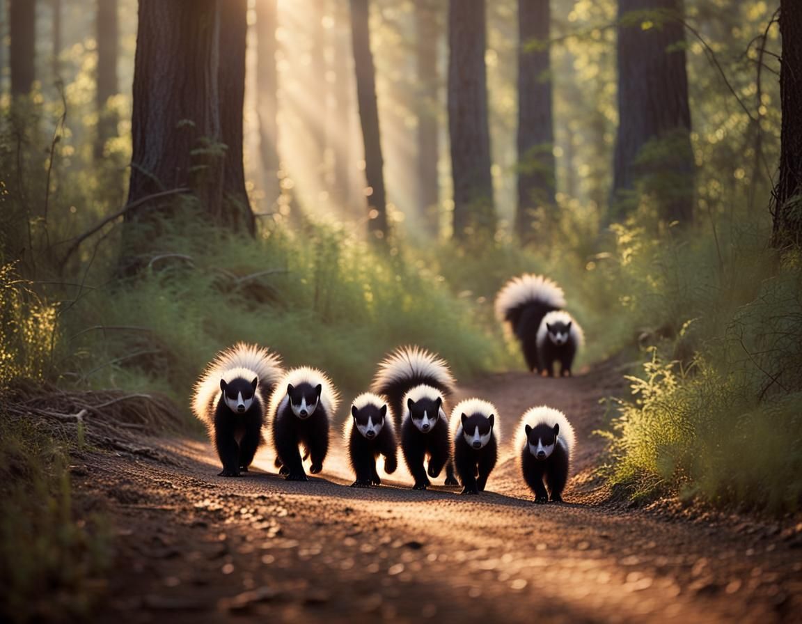 Skunk Family Forest Crossing in Cinematic Style