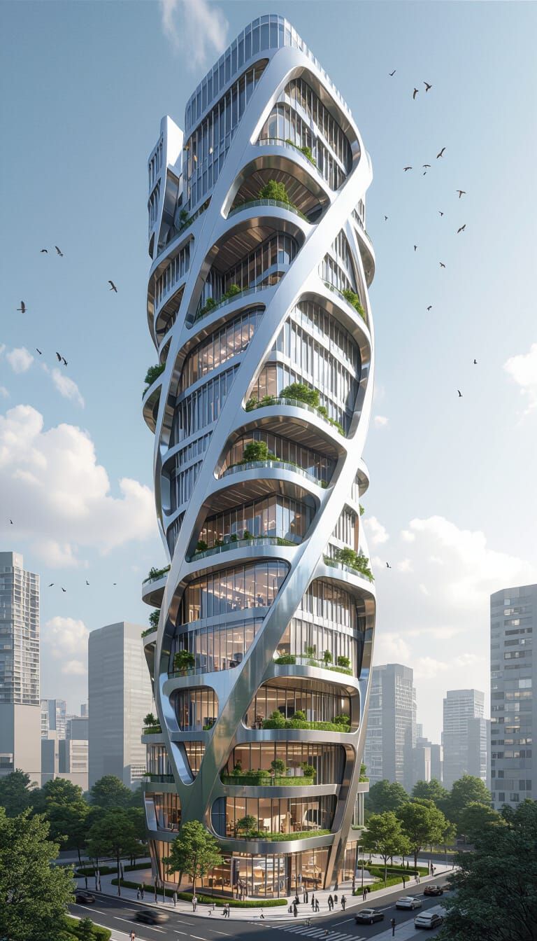 Futuristic High-Rise Building with Twisted Lines