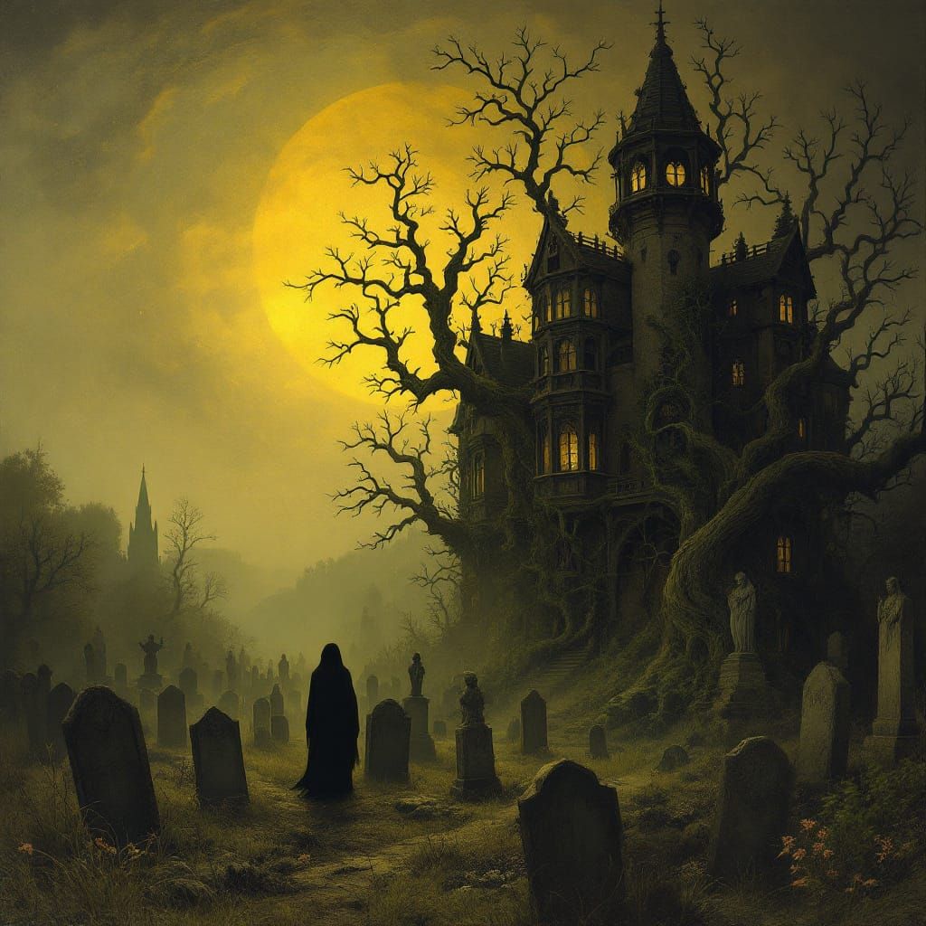 Gothic Mansion in Twilight Graveyard, Medieval Revival Style