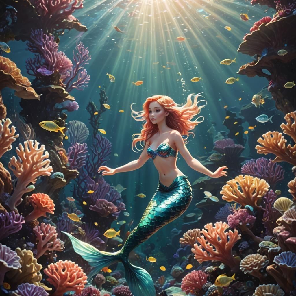 Mermaid in a Colorful Bioluminescent Coral Reef