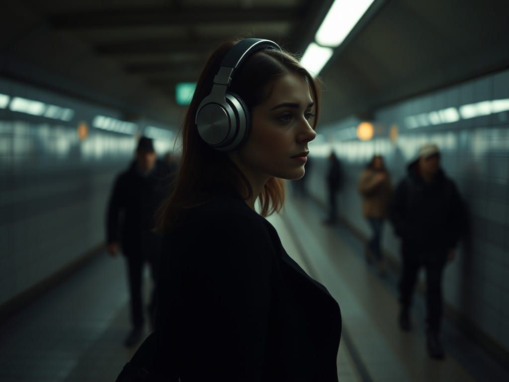 Young Woman Lost in Thought at Subway Station, Shot in Cinem...