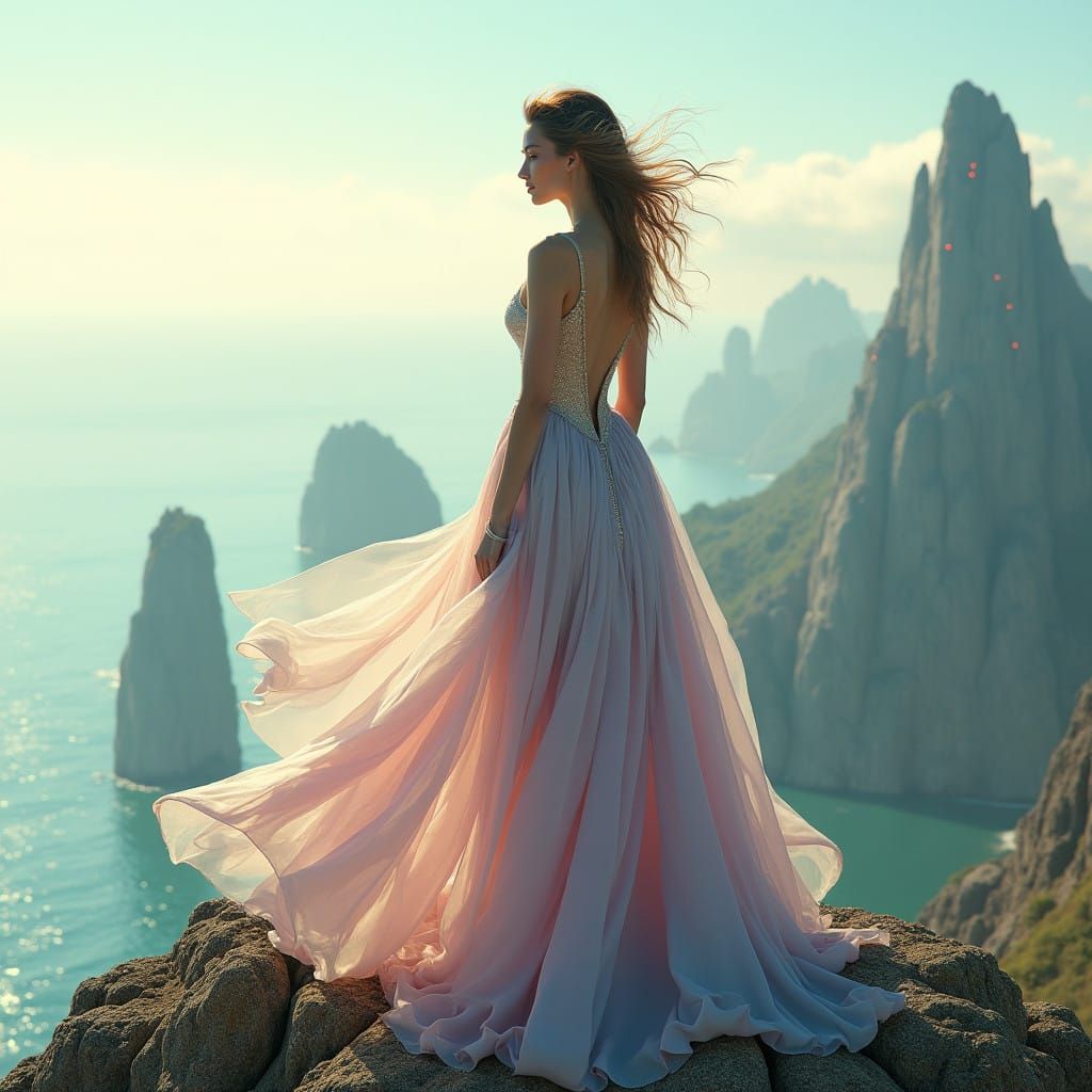 Futuristic Queen Reigns Supreme Over Crystal Ocean and Neon....