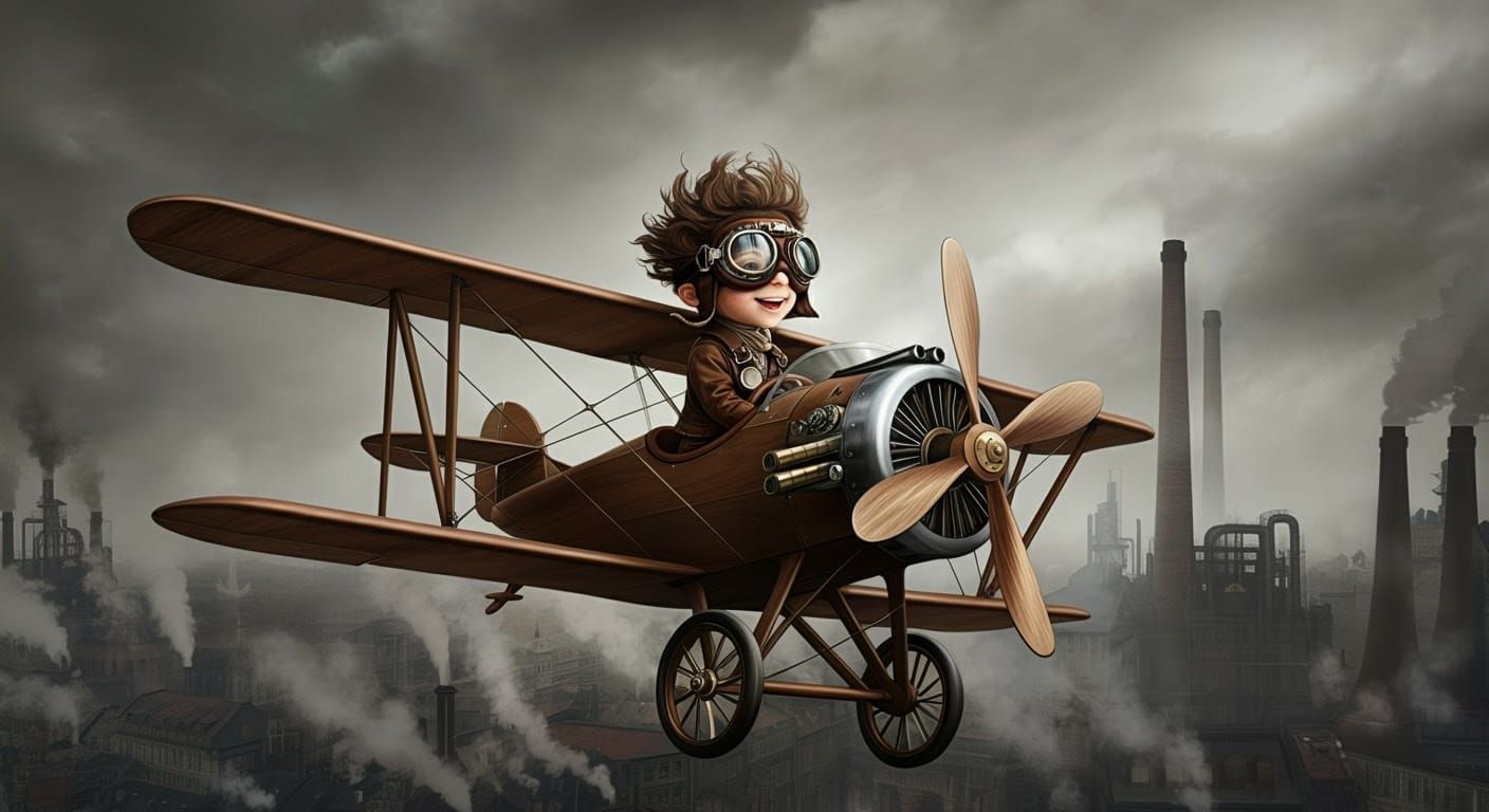 Steampunk Boy Soars Above a Gritty Metropolis