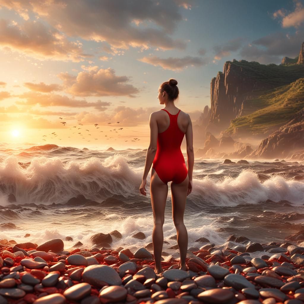 Melancholic Lady on Pebble Beach: Digital Matte Painting