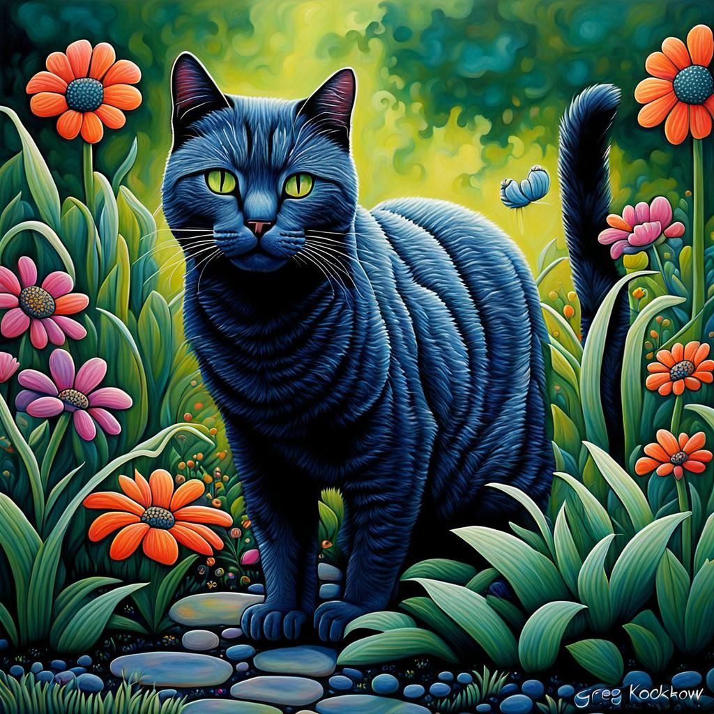 Cat in Garden, Folk Art Style, Dynamic Lighting