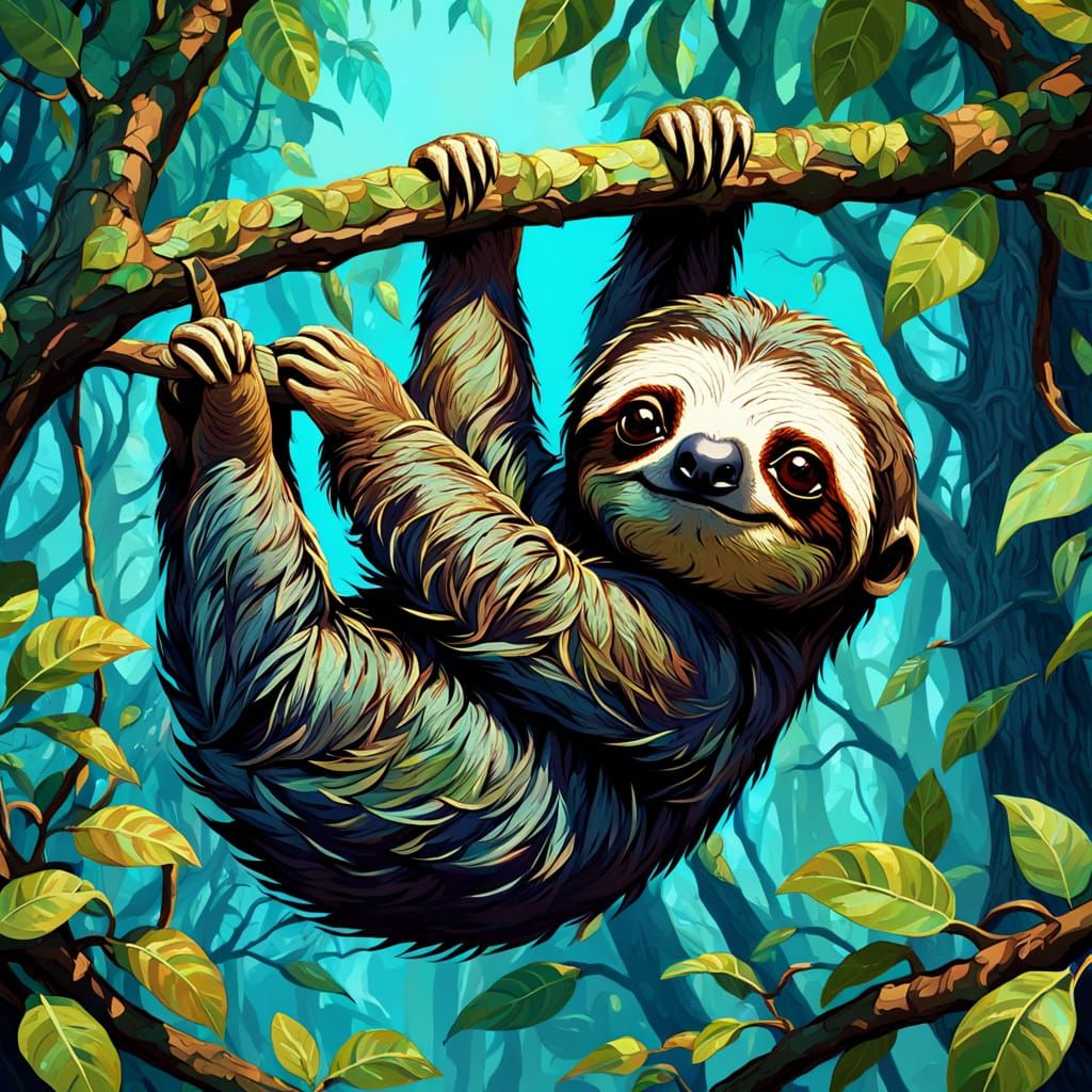 Cute Sloth Hanging From Tree Branch in Fantasy Style