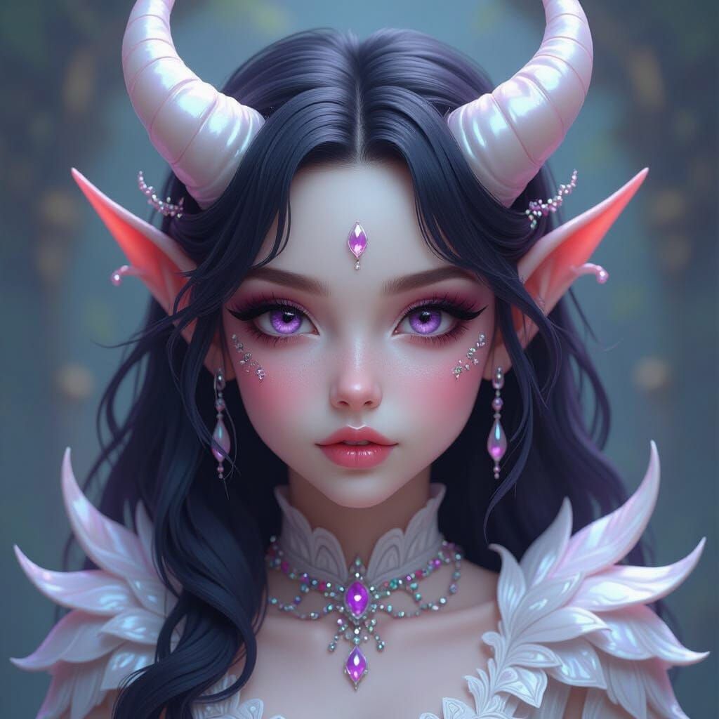 Iridescent Demon Girl With Purple Eyes