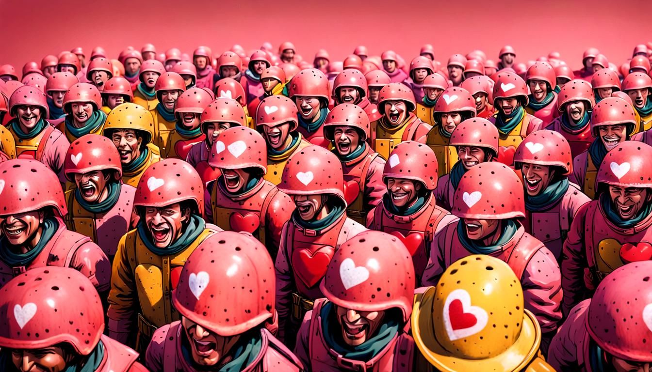 Hyperrealistic Soldiers with Hearts in Neo-Primitivism Style