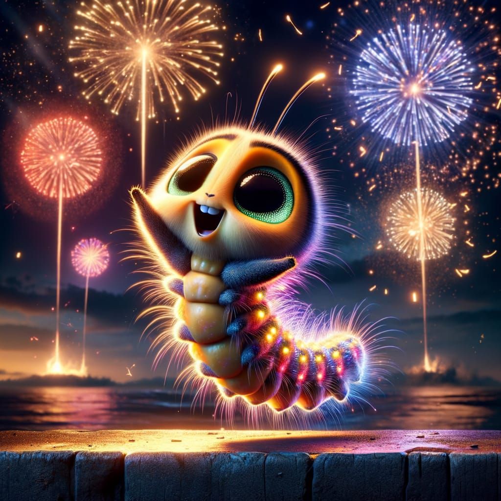 Excited Caterpillar Awaits Fireworks in Hyper-Realistic Styl...