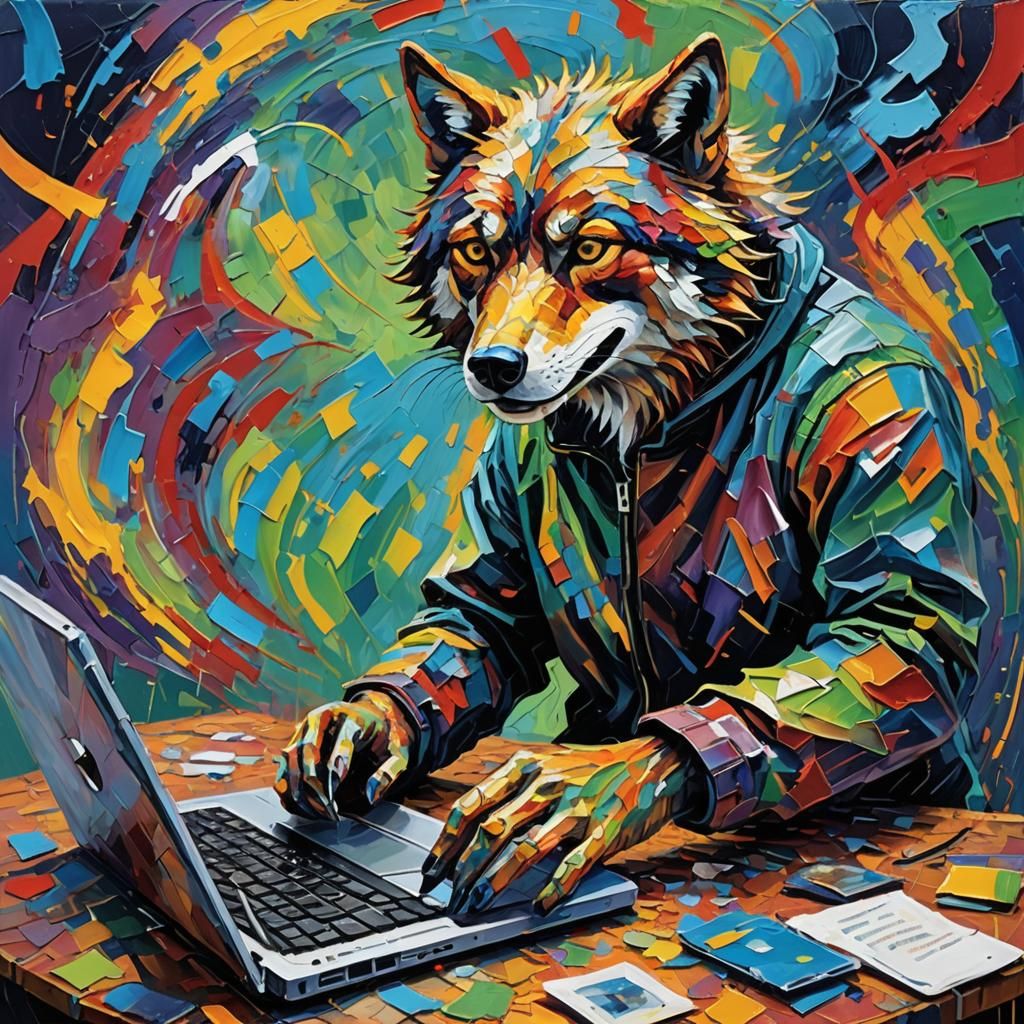 Hacker Wolf Coding: Neo-Impressionist Expressionist Oil Pain...