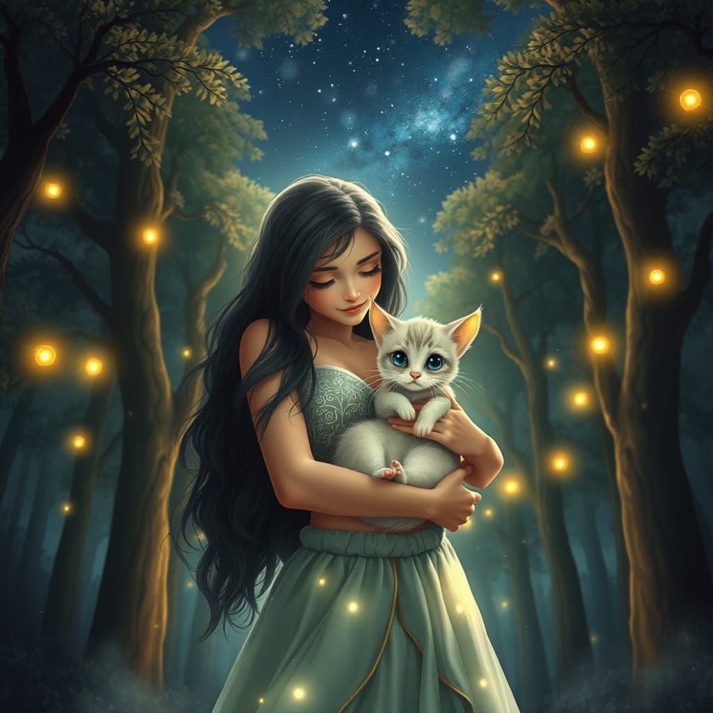 Girl and Kitten in Ethereal Forest