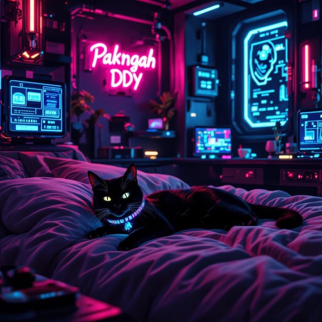Cyberpunk Cat in Cozy Apartment with Neon Sign