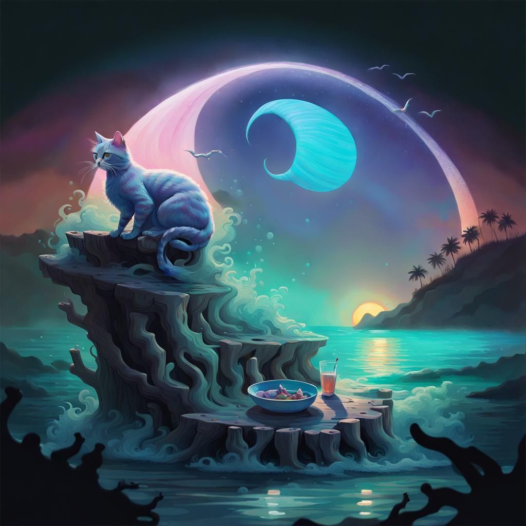 Cat Humanoid Sipping Coffee at Emerald Sunrise