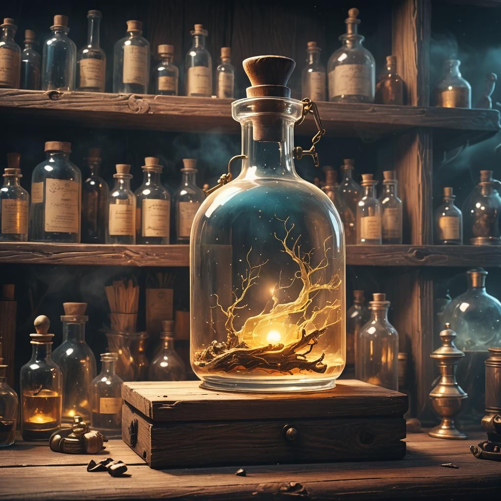 Glowing Potion Bottle on Apothecary Shelf