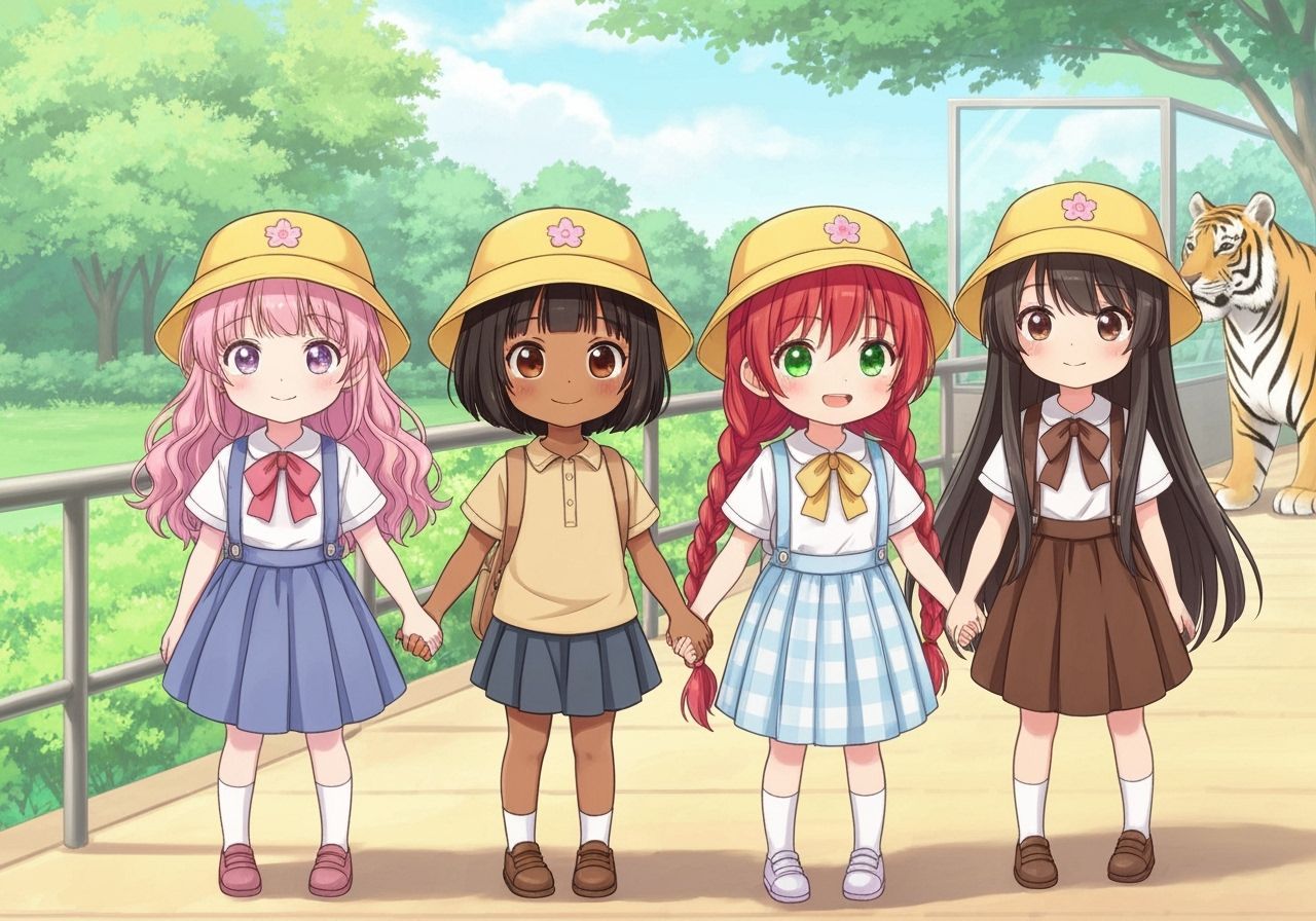 Cute Anime Kindergarten Girls on Class Trip to Ueno Zoo