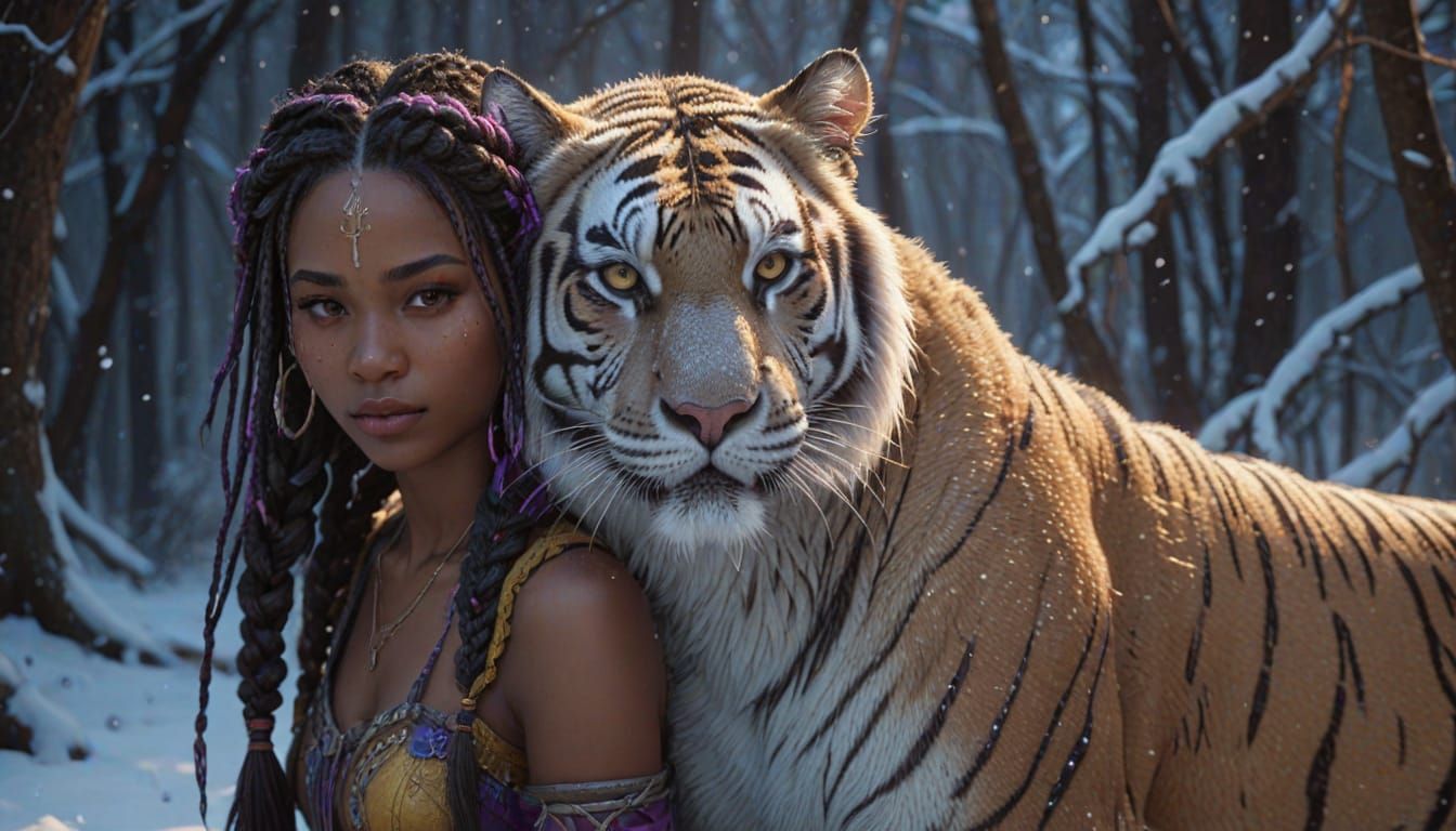 Ebony Girl Rides White Tiger in Snowy Landscape