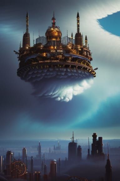 Steampunk City Defying Gravity in Cloudy Skies