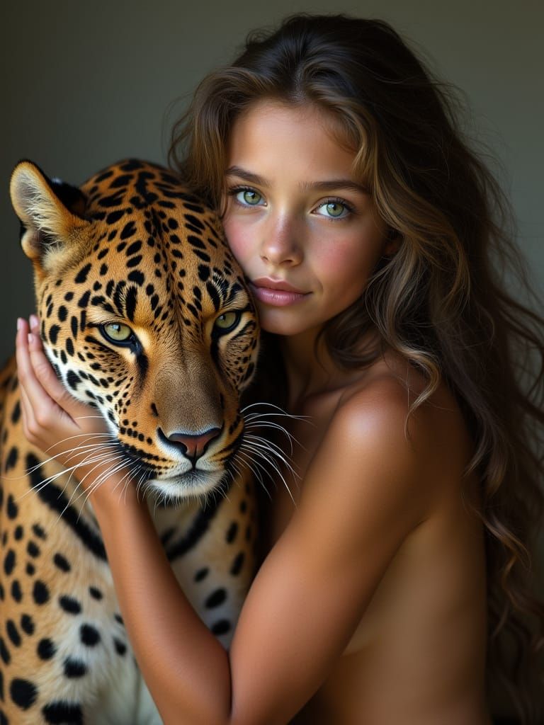 Girl with Leopard in Oil Painting Style