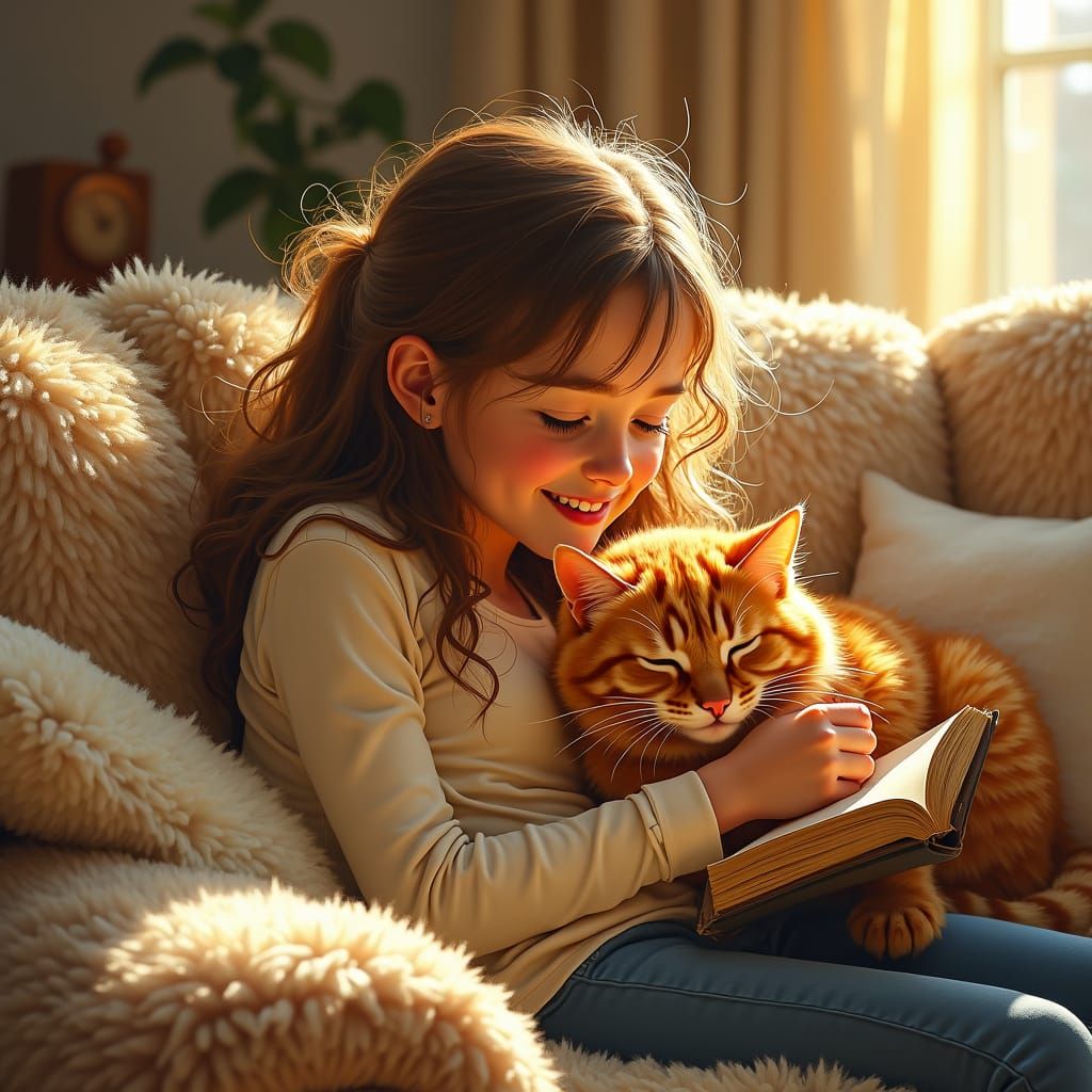 Teen and Cat Share a Moment: Impressionistic Style