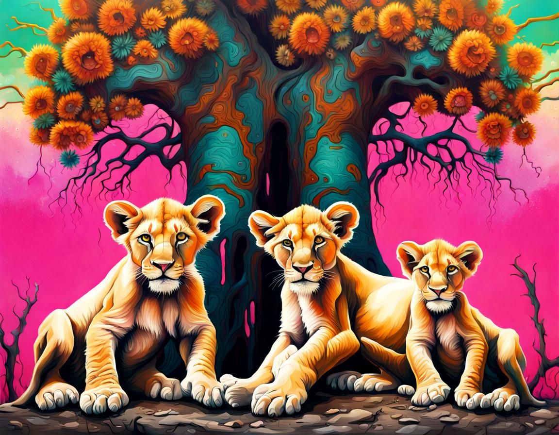 Lion Cubs Under Baobab in Fantasy Graffiti Art