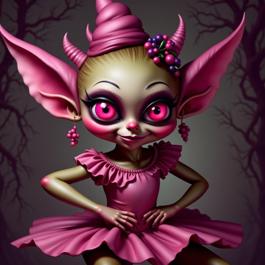 Sinister Ballerina Goblin Girl with Pink Eyes