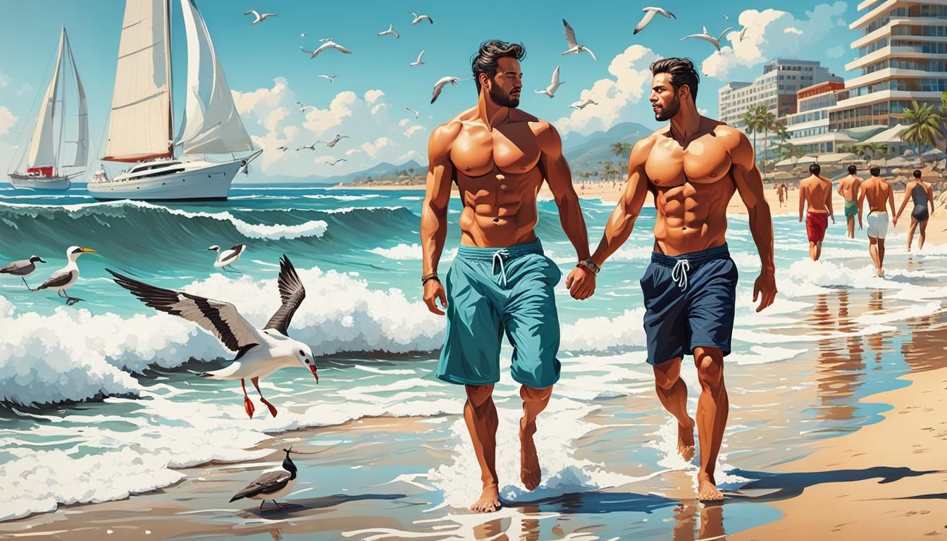 Hyperrealistic Beach Scene of Two Male Lovers