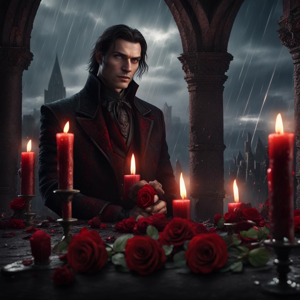Gothic Vampire with Rose in Stormy Ruins