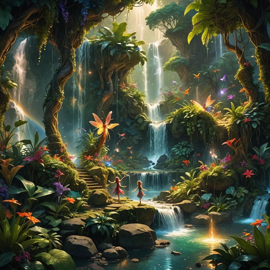 Fantasy Oasis with Dancing Fairies in Detailed Matte Paintin...
