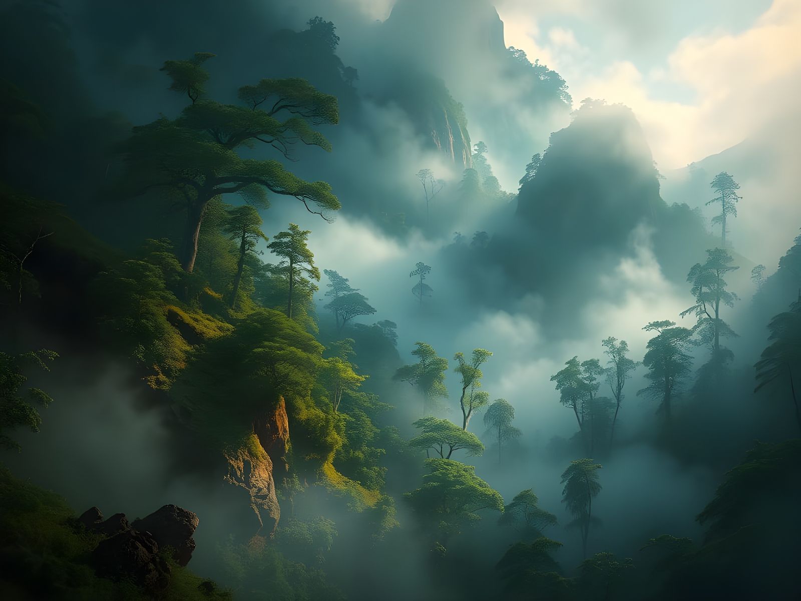 Ethereal Mountain Forest in Dramatic Mist