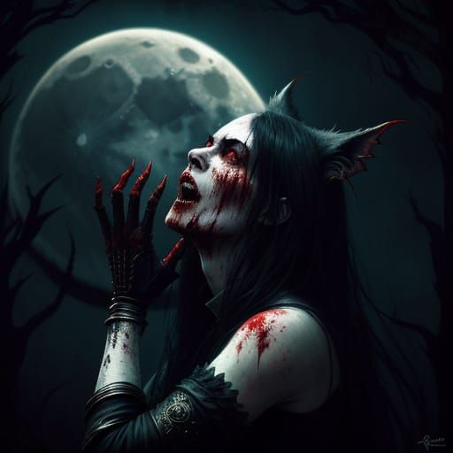 Vampire Screams at Moon with Wolf Head in Dark Fantasy Art