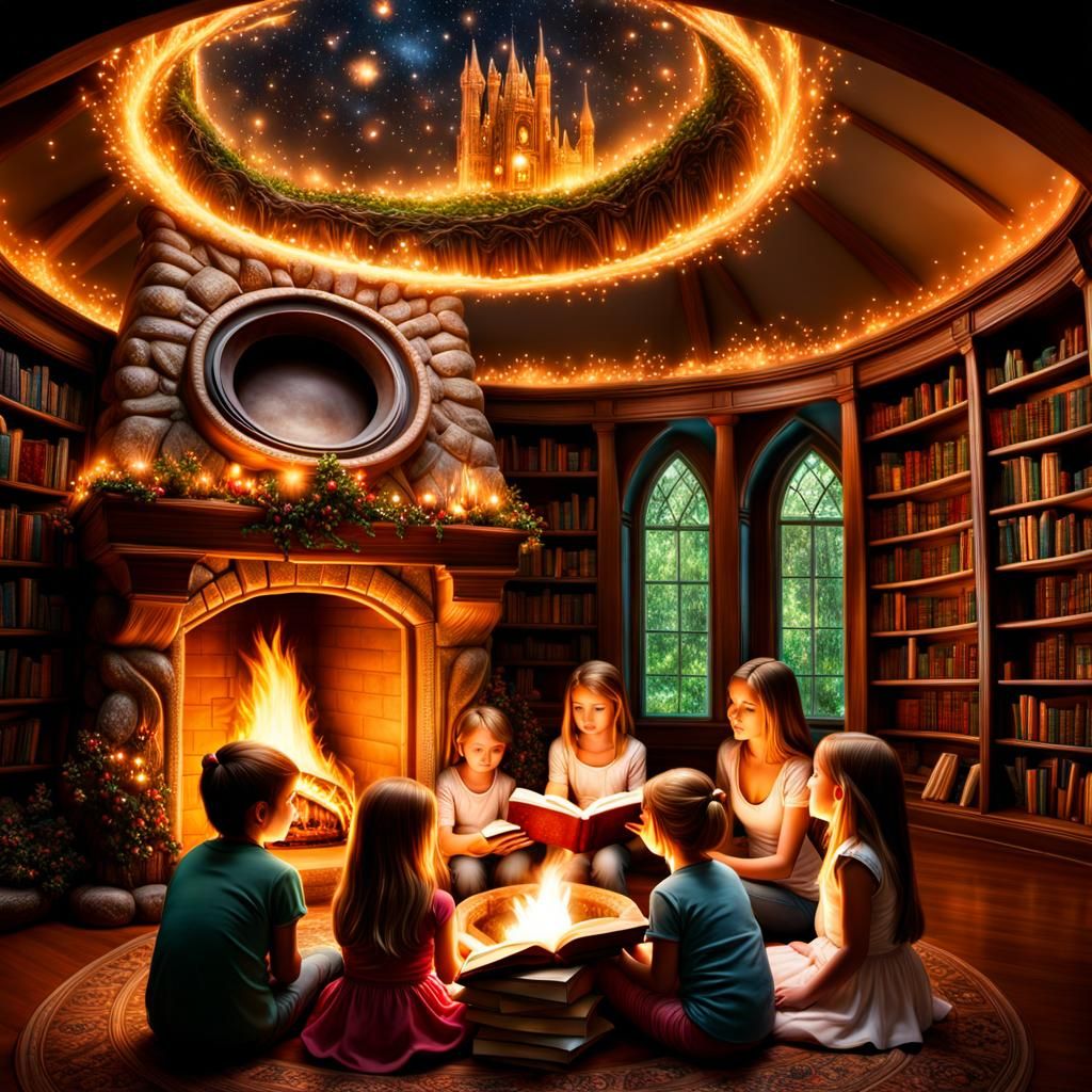 Family Reading with Magical Portal Above