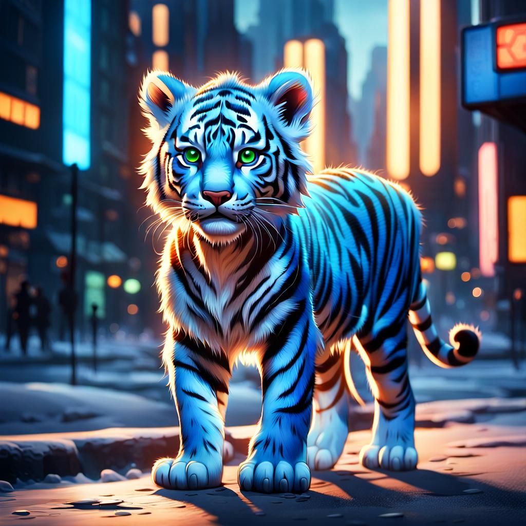 Blue Tiger Cub in Coruscant Street at Sunrise