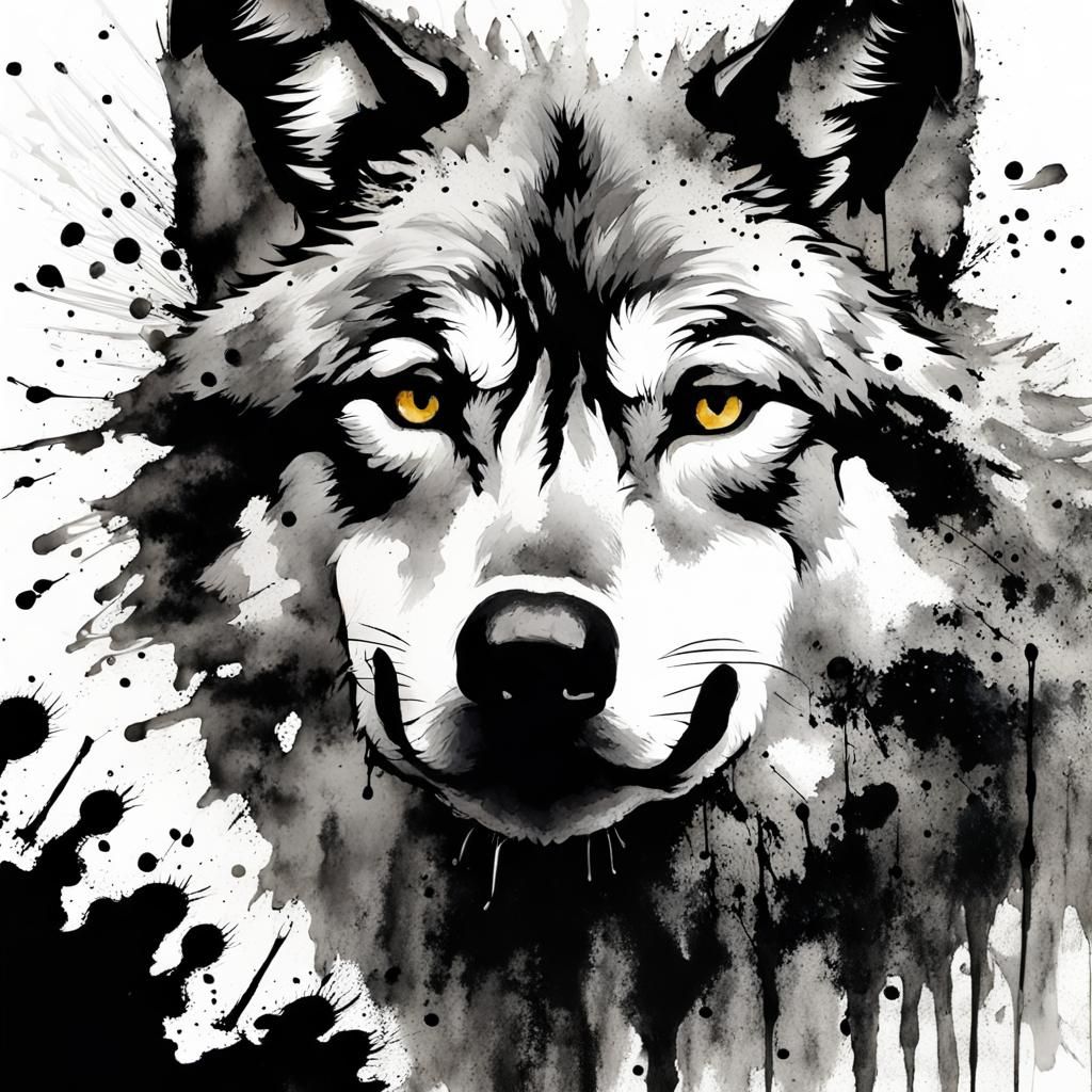 Ink Splatter Wolf in Gouache Style