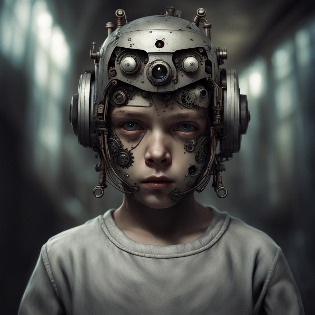 Horrific Hybrid Boy Robot Face in Doré Style