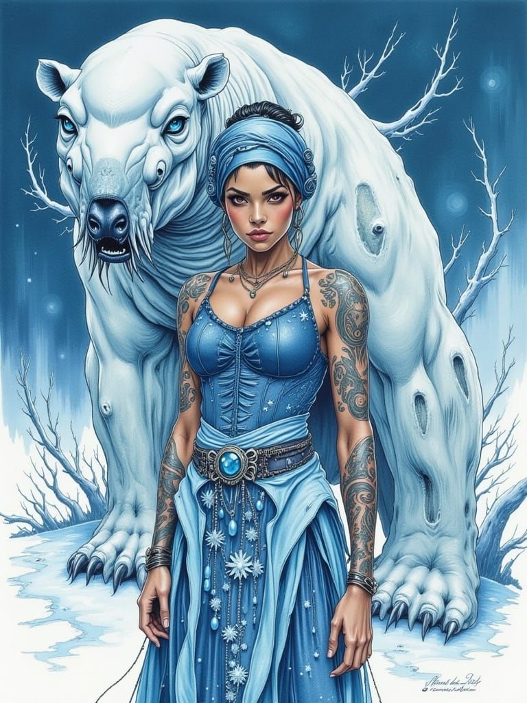 Frostwych Pinup: Woman with Icicle Scarf and Bear-Rhino Stat...